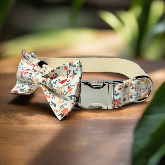 Floral Motif Dog ID Collar with bow tie front view
