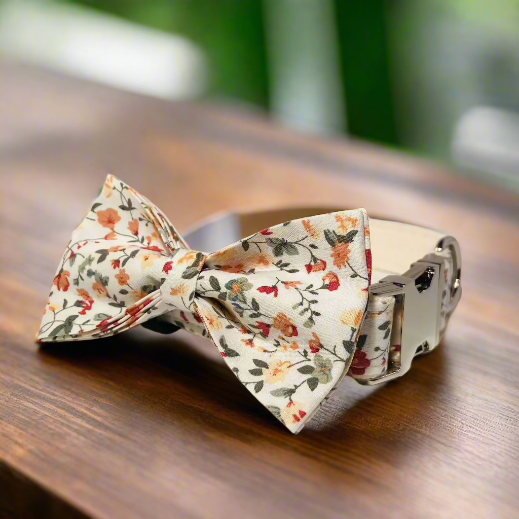 Floral motif bow tie dog collar