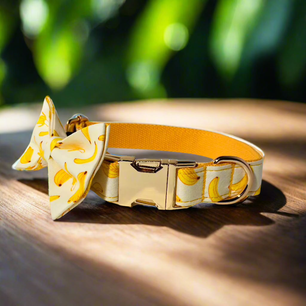 Banana mood bow tie dog collar