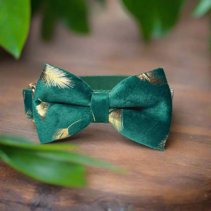 Peacock Green Velvet Dog ID Collar with bow tie side view