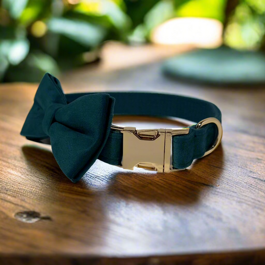 Pine Green Velvet Dog ID Collar with bow tie front view