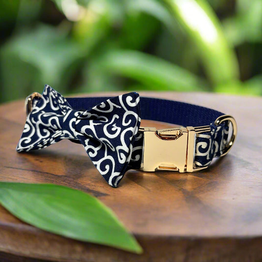 black fire dog collar with bow tie - front view