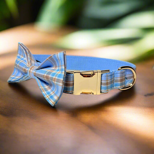 blue plaid dog collar with bow tie - front view