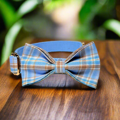 blue plaid dog collar with bow tie - side view