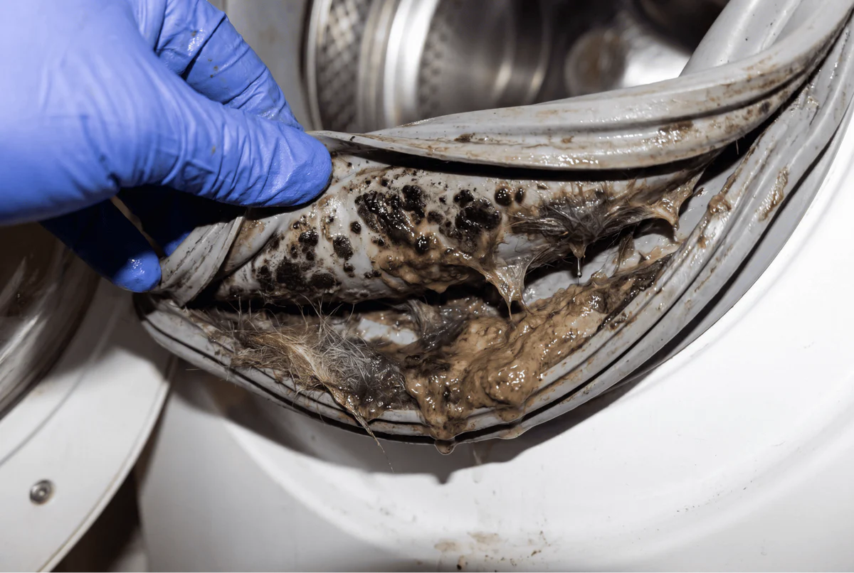 Aanslag in de trommel en achter de rubberen rand van een wasmachine